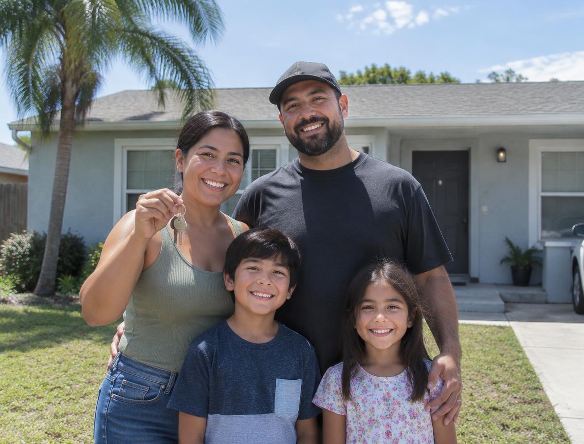 A family holding the keys to their new Florida rental home